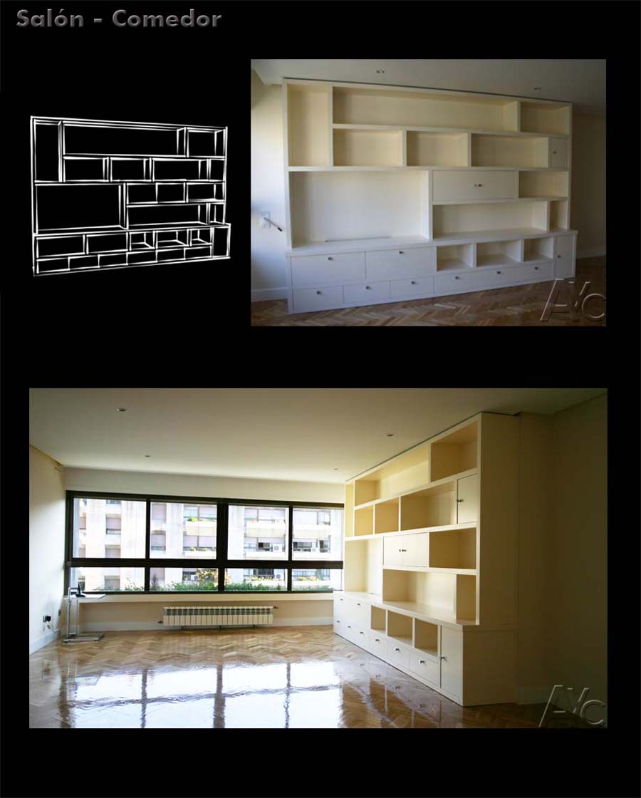 Reforma de salón con librería de madera a medida